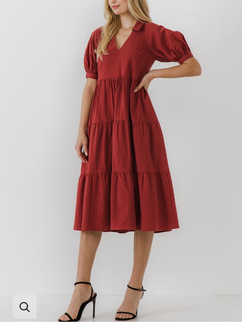 Free the Roses Rust Red Tiered V-Neck Midi Dress with Puff Sleeves - Picture 2 of 7